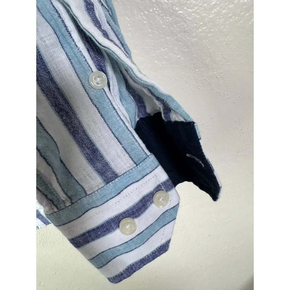 Nerosfumato Positano Blue Striped Linen Button Up Shirt Men‎ Medium Long sleeve